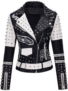 Black White Studded Faux Leather Moto Jacket, Lightweight Biker Coat